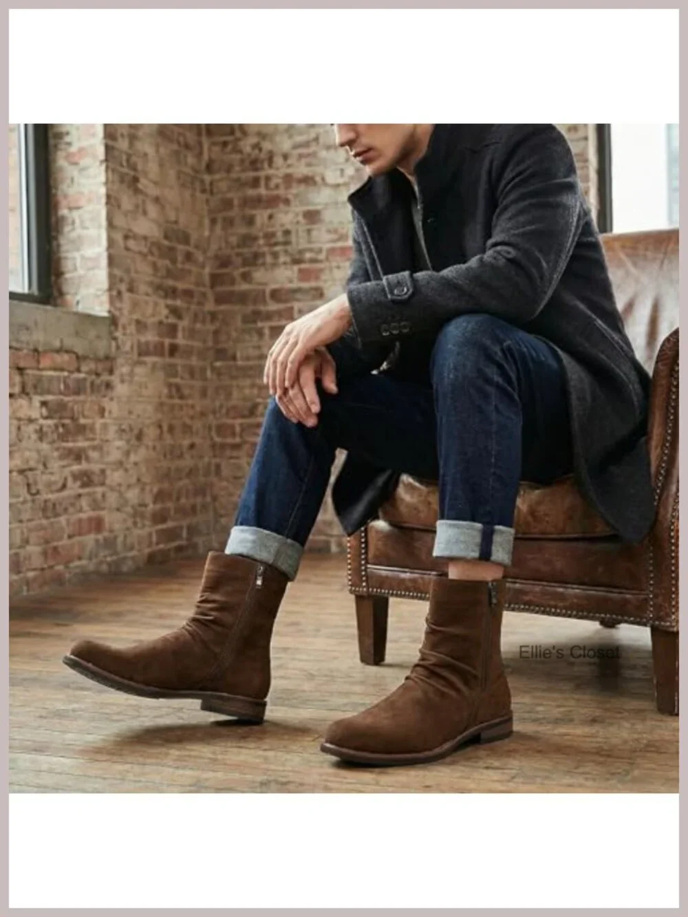 Mens Suede-Look Synthetic Leather Slouch Zip Boot Rounded Toe Low Heel
